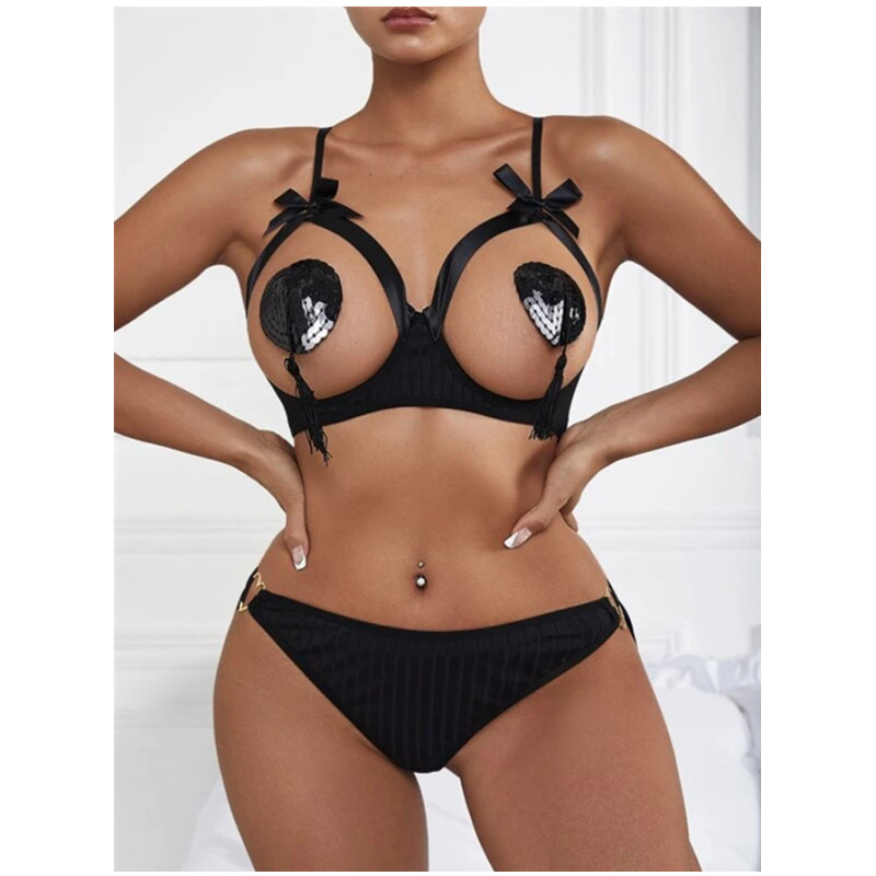 Kvinnor Bowknot Thongs Sexy Underkläder Sleepwear Set Ladies Erotisk Lace Sexig Underkläder