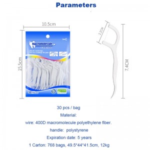 30 plockar högkvalitativ makromolekule polyetenfiber Stock Partihandel OEM Privat etikettpåse Dental Floss Pick