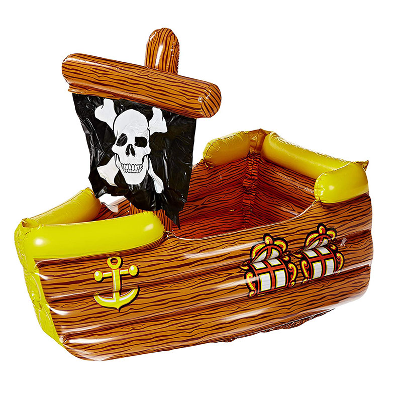 Uppblåsbara PVC brunt och gult piratskepp med crossbone flagga, dekorativ fest dricka kylare leksak