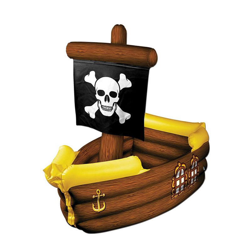 Uppblåsbara PVC brunt och gult piratskepp med crossbone flagga, dekorativ fest dricka kylare leksak