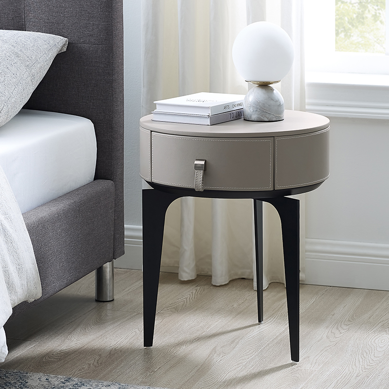 Grå lädernattduksbord mini liten modern lyxig rund sängbord smal
