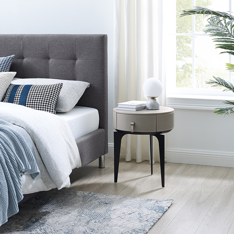 Grå lädernattduksbord mini liten modern lyxig rund sängbord smal