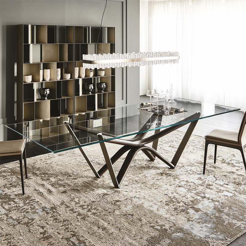 Italiensk utomhus lyx speglade rektangulära tempererade glas topp matbord set 8 sits