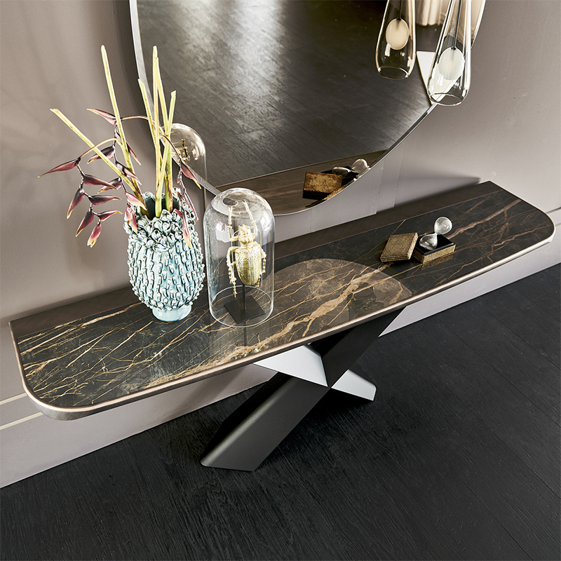 Italiensk X -formad rostfritt stål Bas Modern Luxury Console Cabinet Stone Marble Top Console Table With Mirror