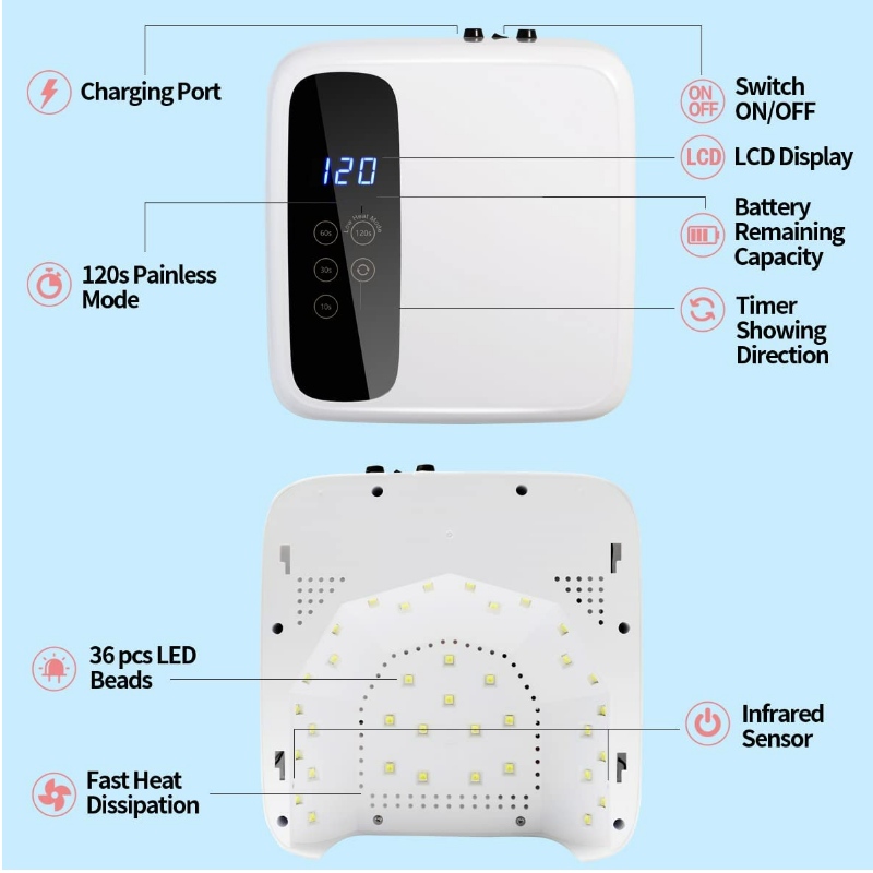 M&r 602Pro Cordless LED -nagellampa, trådlösnagelorkare, 72W laddningsbar LED -nageljus, bärbar gel UV LED -nagellampa med 4 timerinställningssensor och LCD -skärm, professionell LED -nagellampa för gelpolsk