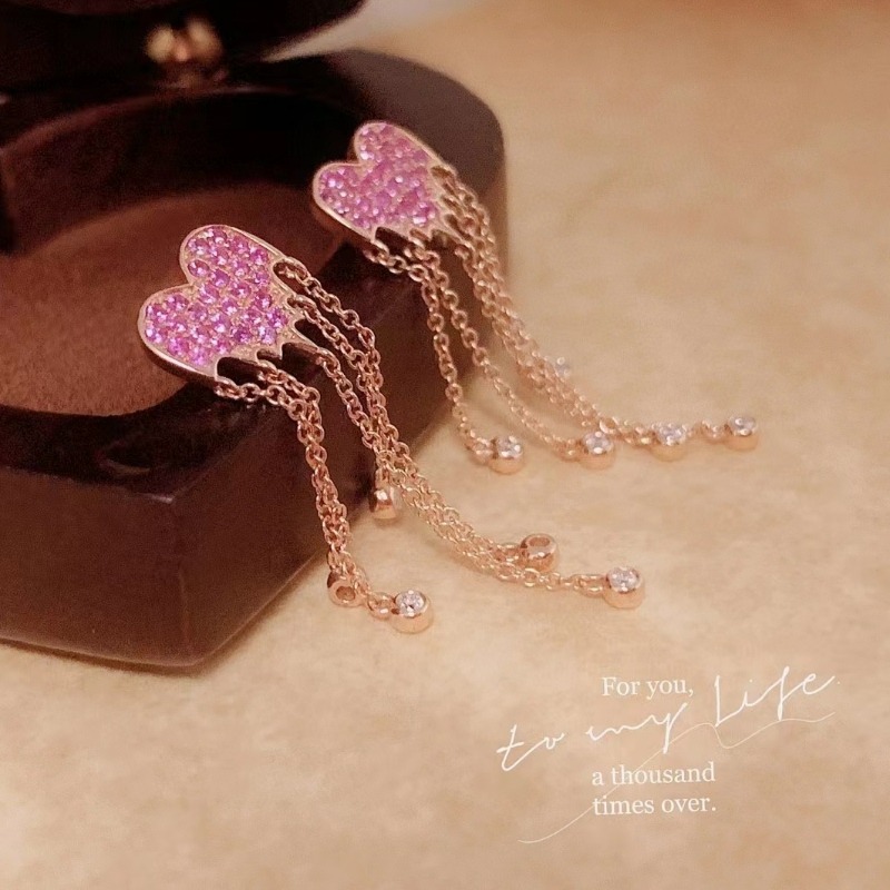 Ny design Pink Sapphire Tassel 18K Gold Earring Gift till Girl