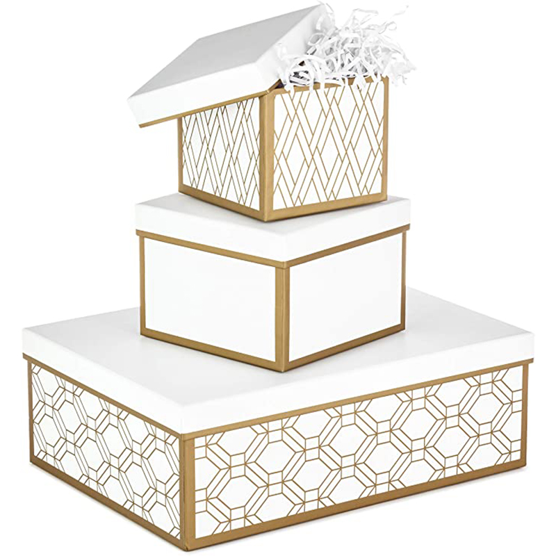 Hallmark kapslade presentförpackningar med lock och fyllning (uppsättning av 3, vita och guld, diverse storlekar) för bröllop, brudduschar, brudtärnor, jul, Hanukkah, födelsedagar, valentin \\\\'s dag