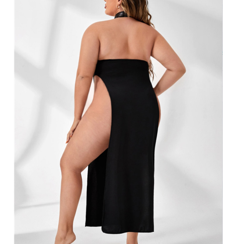 Sexig klippt utnattklänning pu sele hoop hals långnattrock med slips front