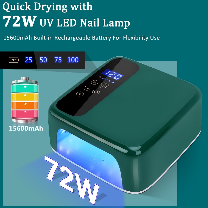 M&r 602pro grön trådlös LED -nagellampa, trådlösnagelorkare, 72W laddningsbar LED -nageljus, bärbar gel UV LED -nagellampa med 4 timerinställningssensor och LCD -skärm, professionell LED -nagellampa för gelpolsk
