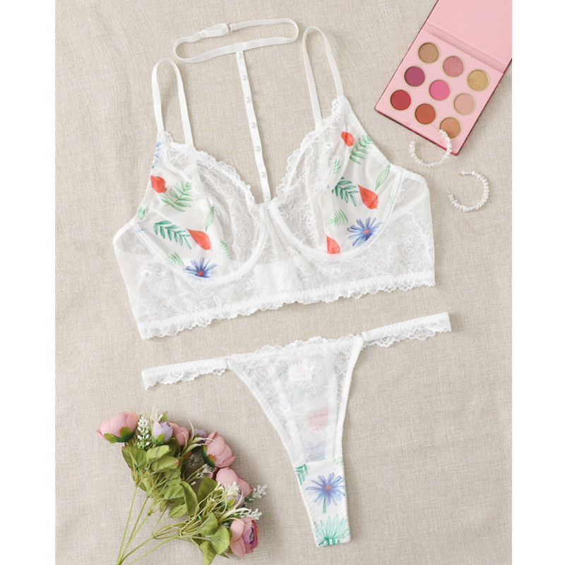 Floral Print Lace Harness Lingerie Set With Thong