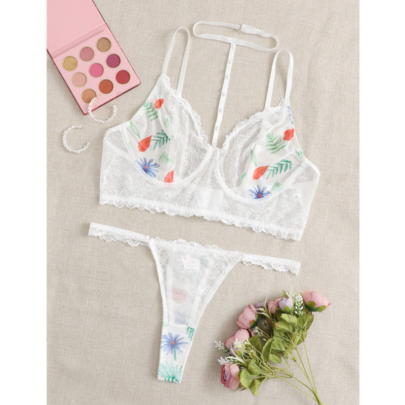 Floral Print Lace Harness Lingerie Set With Thong