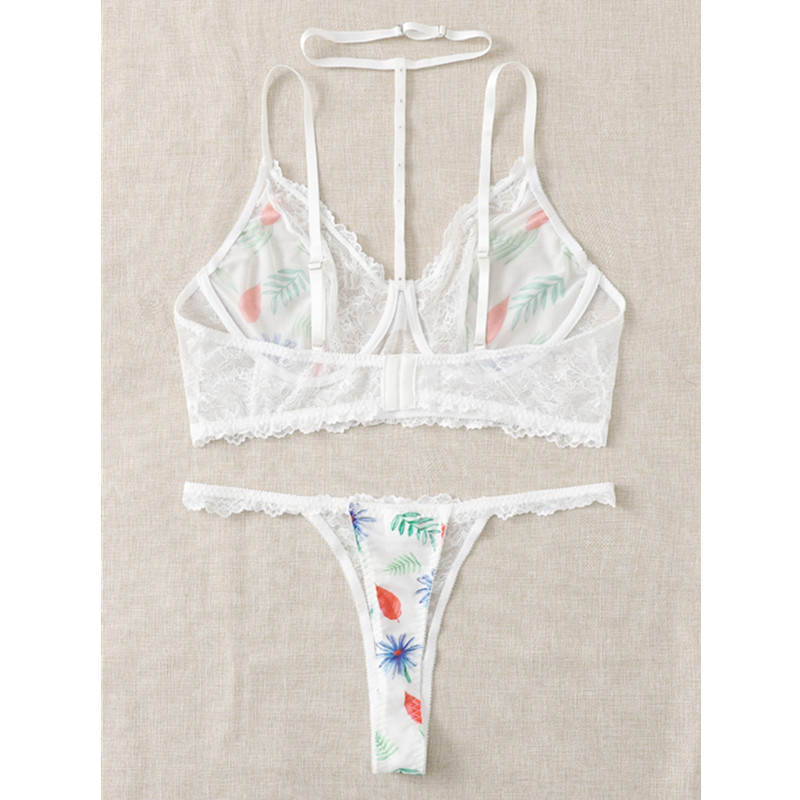 Floral Print Lace Harness Lingerie Set With Thong