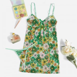 Vårblommor tryck cami slips båge front slip med sexig kontrast thong