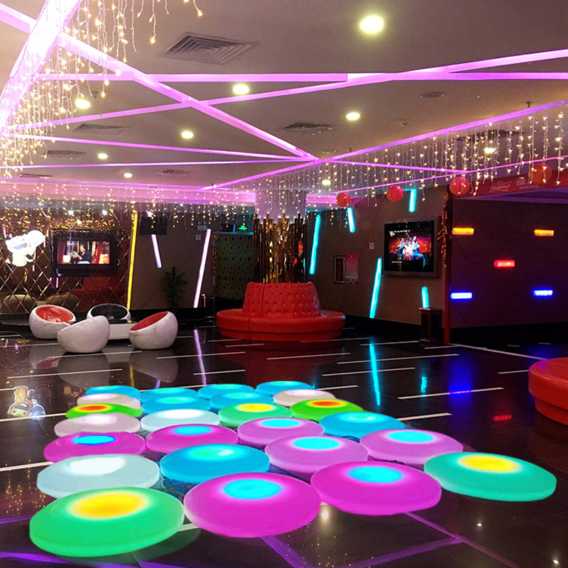 Portable Round LED Dance Floor Tiles Outdoor/indoor, Touch Control Interactive Light Up Disco Dance Floor Tile, White Plastic Surface Sensory and Special Education Toys for Kids