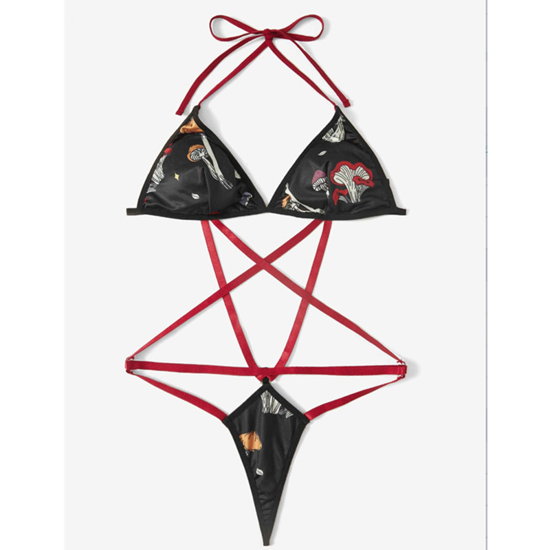 Tryck halter thong design bodysuit sexig criss cross teddy and bustier