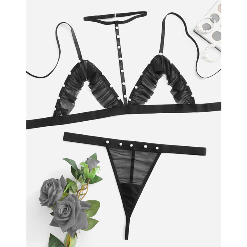 Sele cupless cut-out frill trim underkläderuppsättning med sexig mesh thong