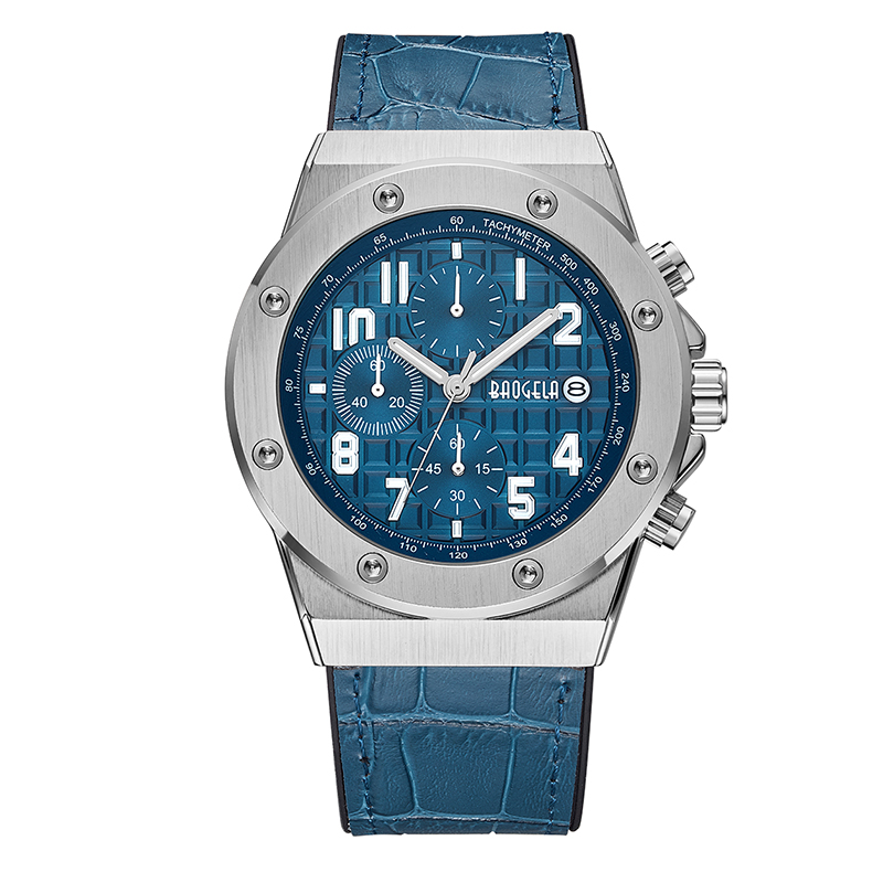 Baogela Men's Chronograph Quartz Watches 2022 Ny vattentät sport Casual Wrist Watch Man Leather Strap Clock 1805 Blue