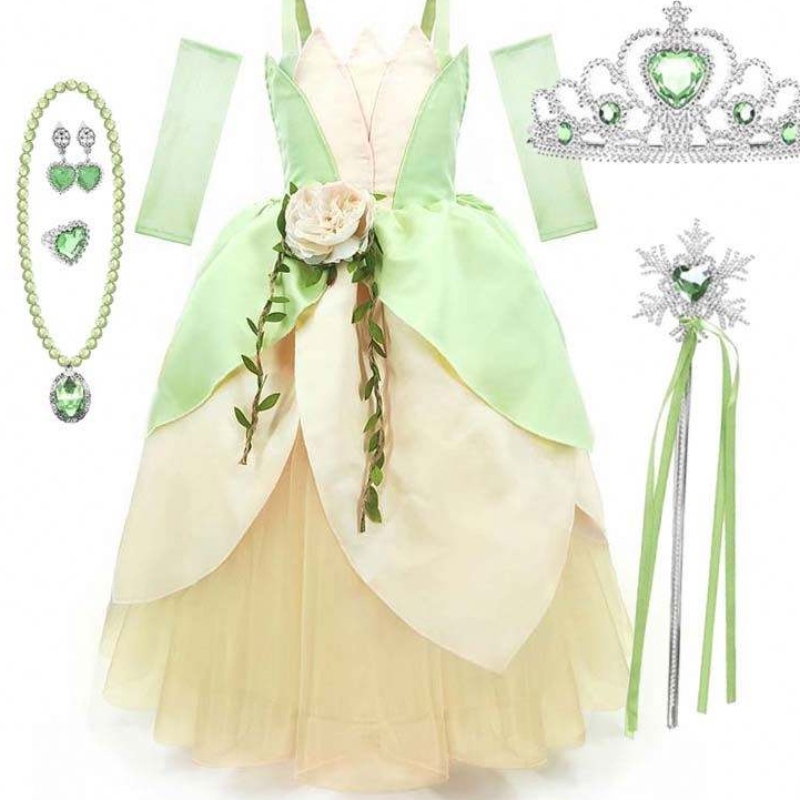 Barn födelsedagsfest halloween fancy bollklänning klä upp grodflickorna prinsessan tiana kostym hctb-006