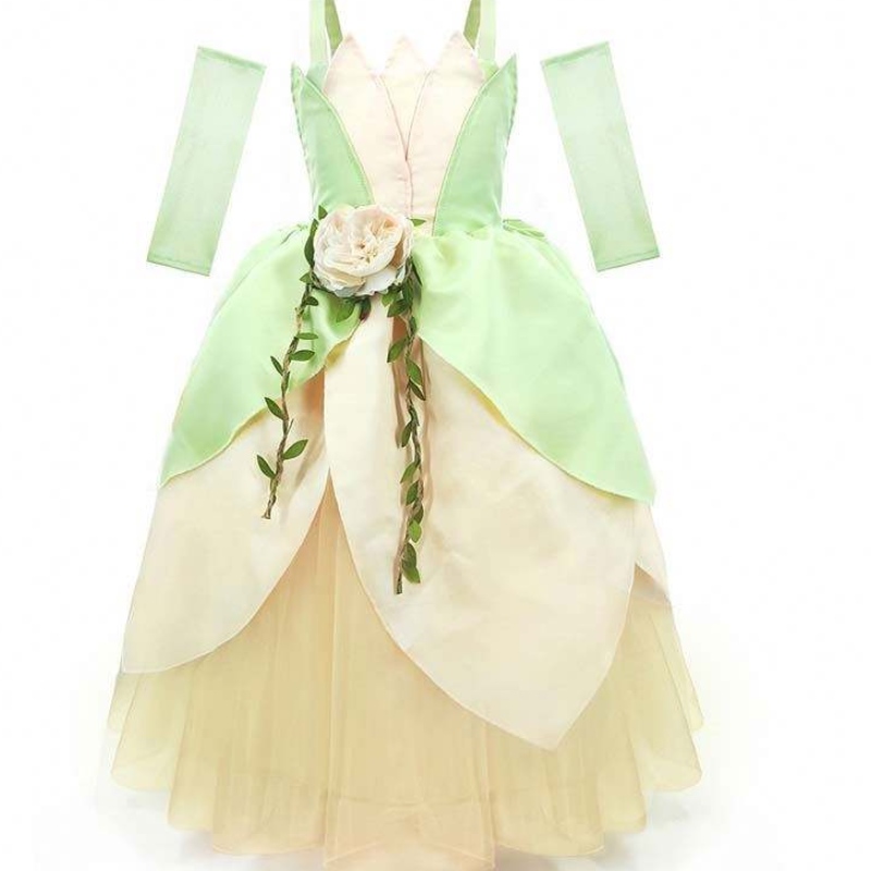 Barn födelsedagsfest halloween fancy bollklänning klä upp grodflickorna prinsessan tiana kostym hctb-006