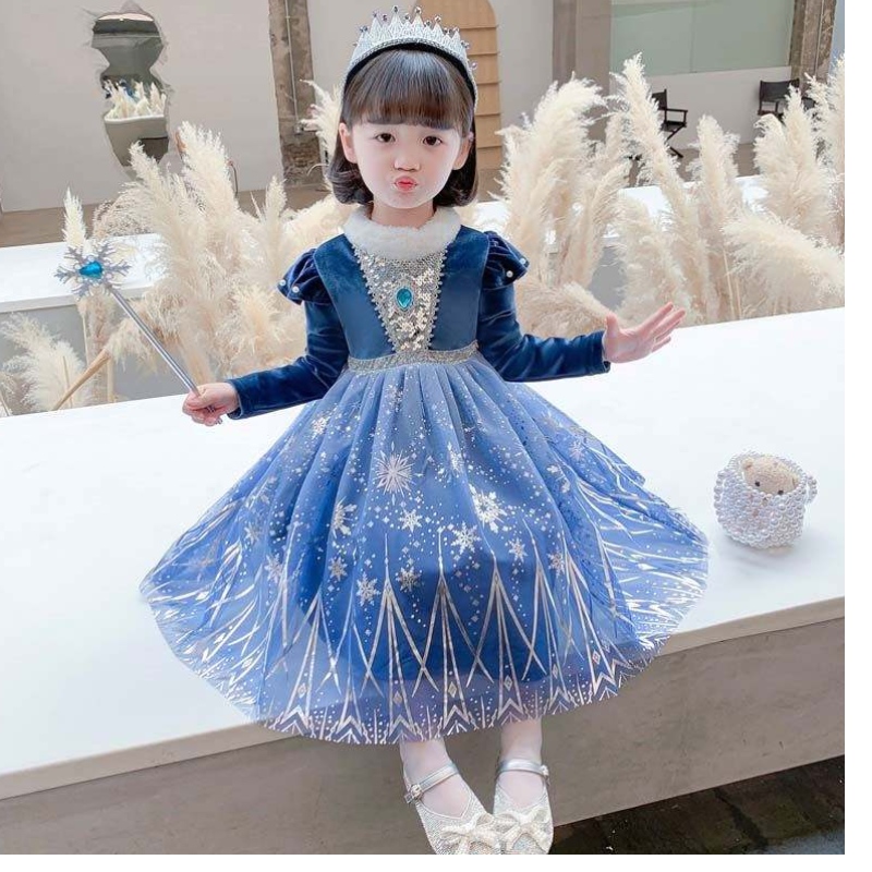 Presentidéer Långt släpande spetsbling sequined split hem ana elsa klänning hcgd-033
