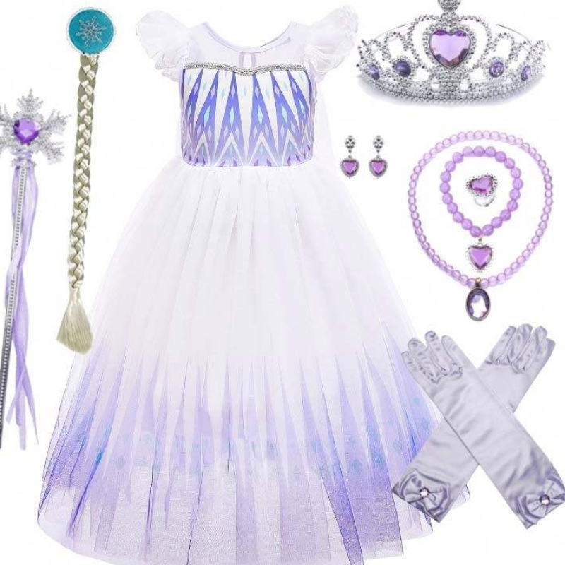 Partihandel 3-10 år Prinsessan Snow Queen Elsa Queen Dress med tillbehör Krona flätan Wand HCGD-029