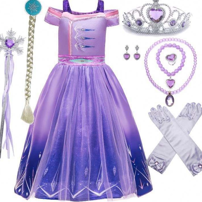 Partihandel Princess Costume Sequin Mesh Party Elsa klänning för barn med tillbehör HCGD-030