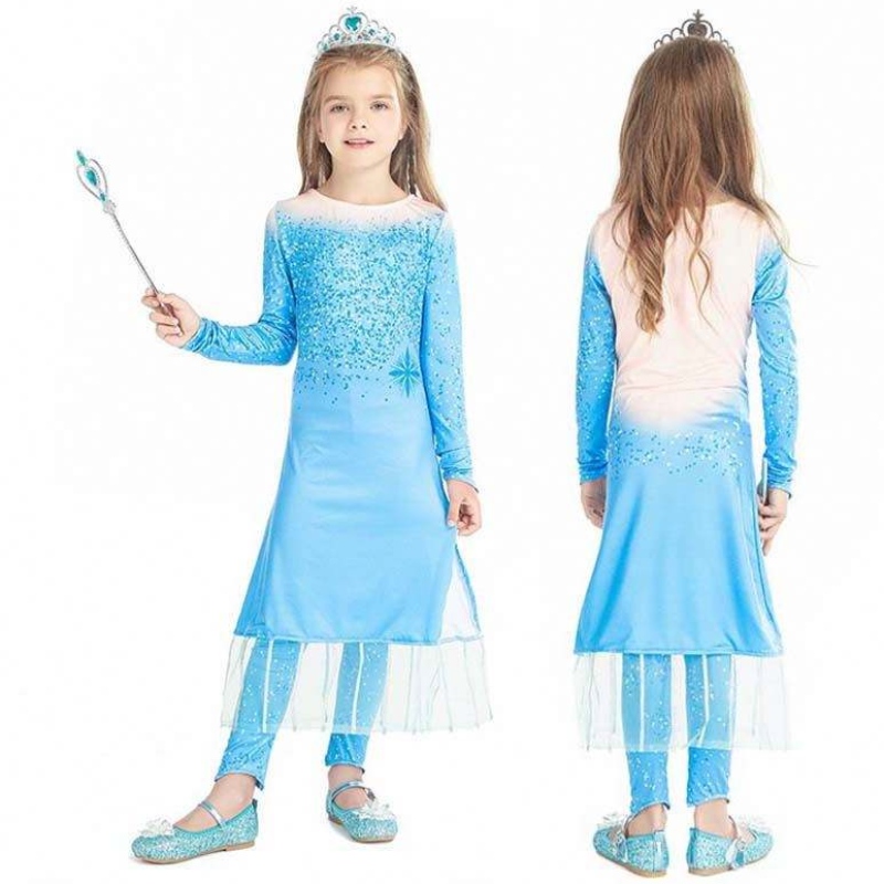 Princess Fancy Little Girls Long Dress Pants 2st ELSA Dress Cosplay med tillbehör HCGD-021