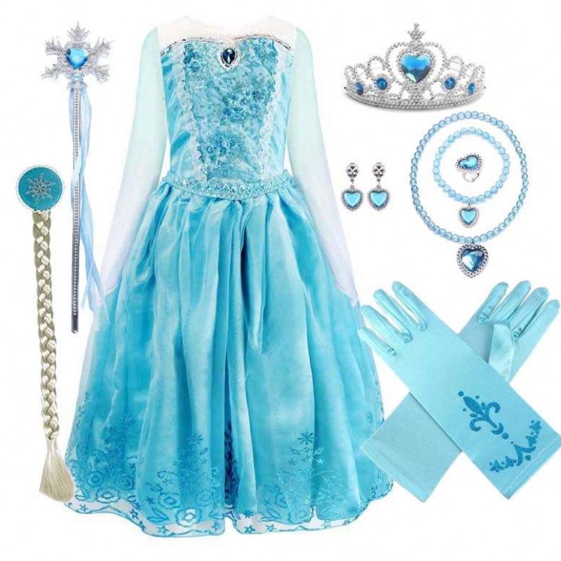 Barn födelsedagstävling cosplay 2-10y paljett blå långärmad hallowen prinsessan elsa klänning cosplay hcgd-039