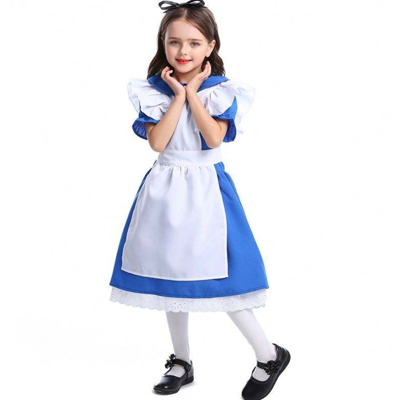 Girls Halloween ruffle trim slips midja blå alice i underland cosplay barn med vitt förkläde 4-12 år DGHC-070