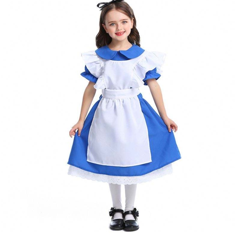 Girls Halloween ruffle trim slips midja blå alice i underland cosplay barn med vitt förkläde 4-12 år DGHC-070