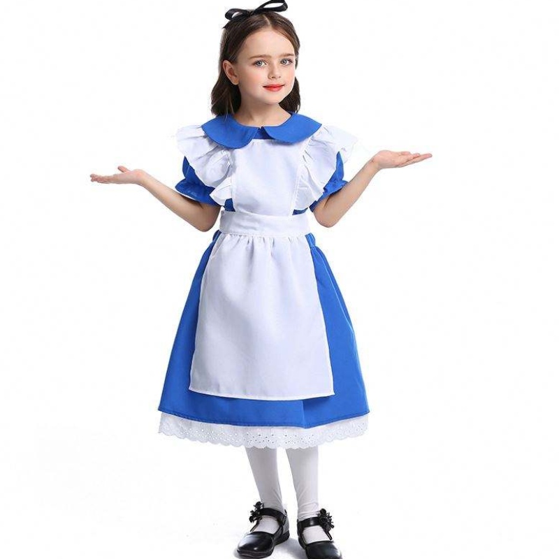 Girls Halloween ruffle trim slips midja blå alice i underland cosplay barn med vitt förkläde 4-12 år DGHC-070