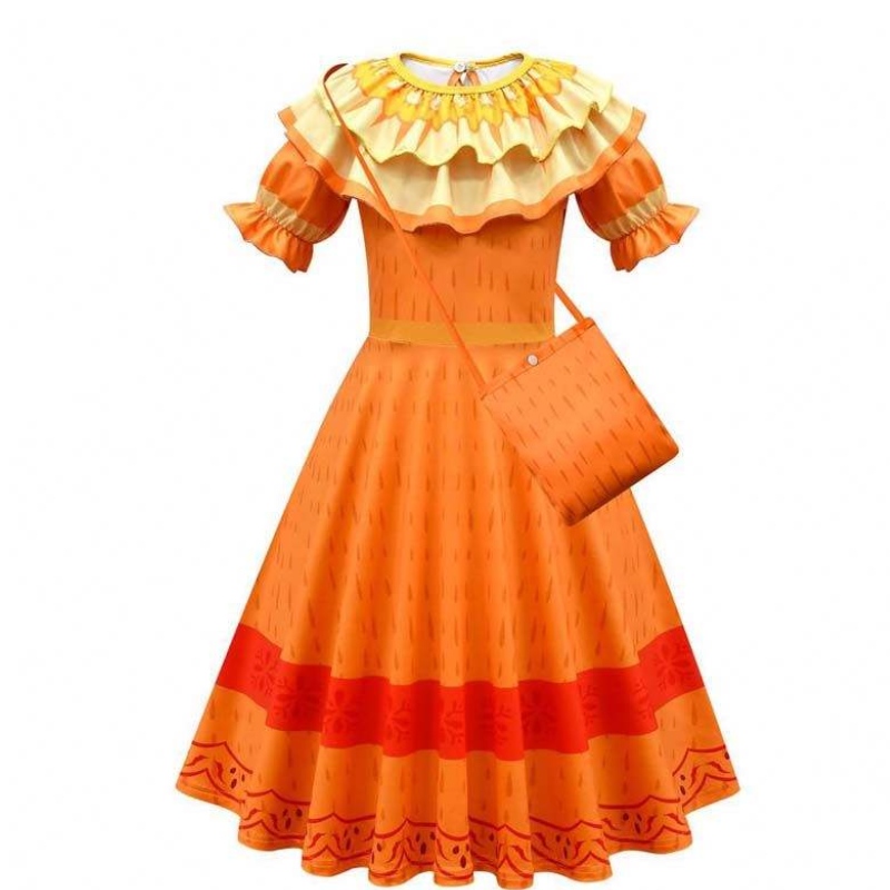 Ny produkt 2022 Kids Girls Mirabel Madrigal Cosplay Outfit Dress Up Encanto Isabela Dress with Bag Wig HCIS-006