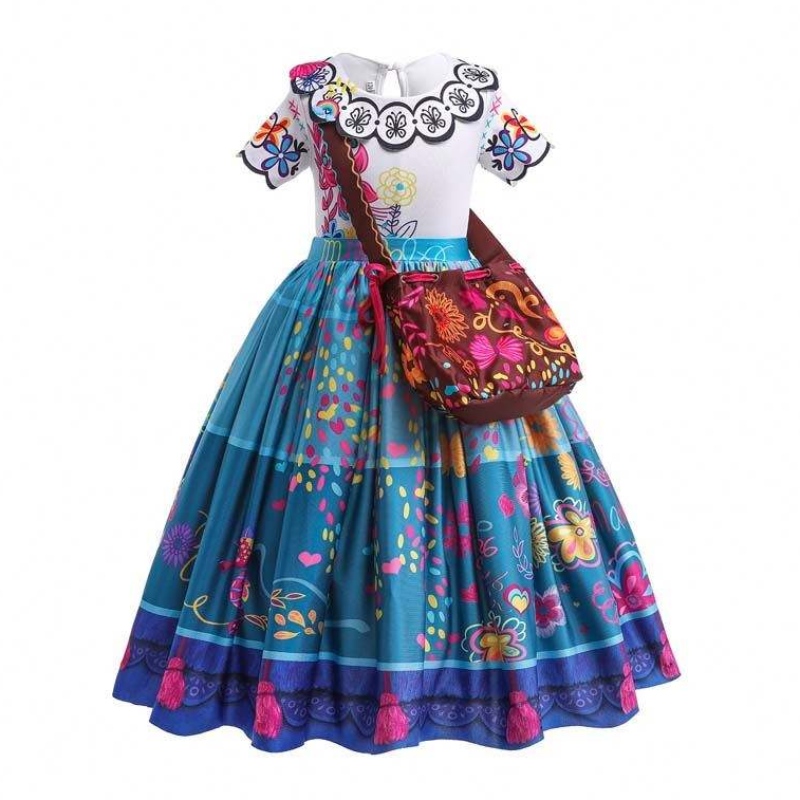 2022 Barn Encanto Madrigal Princess kjolar kläder Blue Mirabel klänning från Encanto med väska 100-160 cm HCIS-001