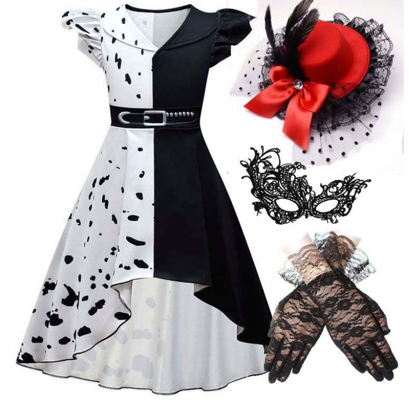 Halloween Cosplay Costume Girls Black White Roll Play Cruella Costume Full Set DGHC-141