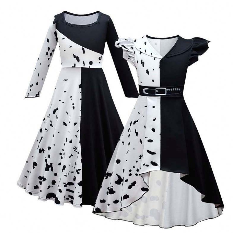 Halloween Cosplay Costume Girls Black White Roll Play Cruella Costume Full Set DGHC-141