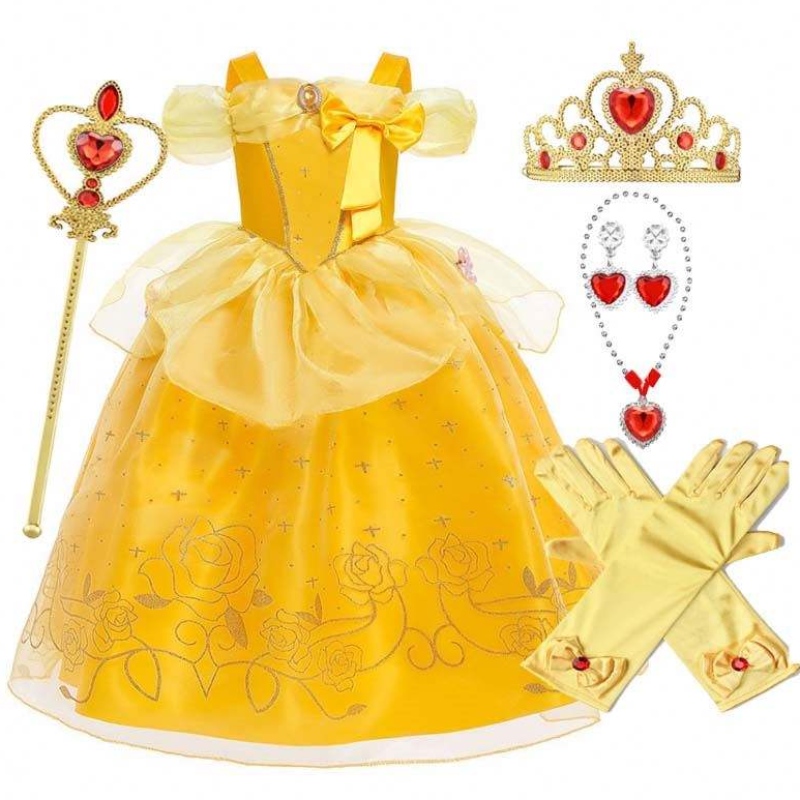 Halloween Julkläder Little Girl Yellow Layered Classic Children Belle Princess Dresses With Accessories HCBL-005