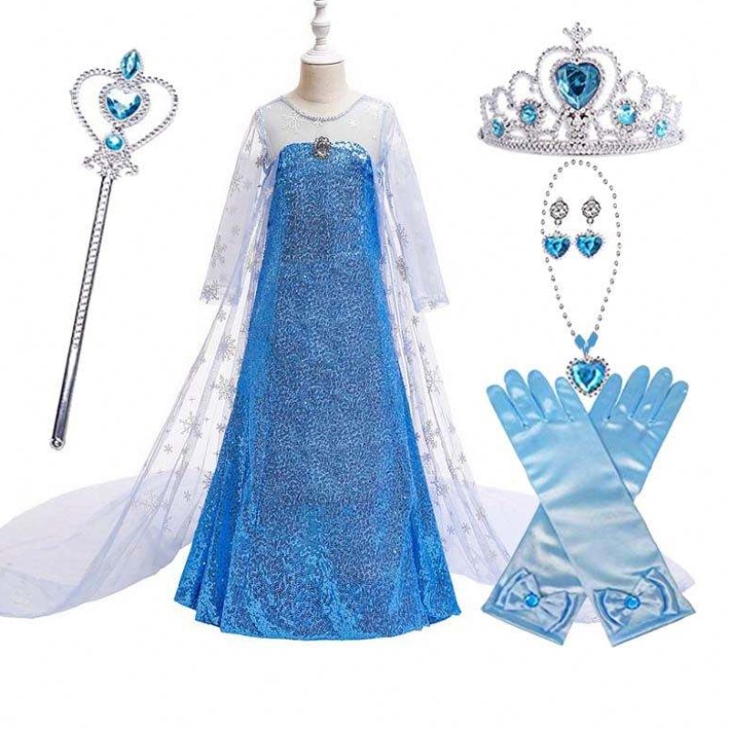 Barn kostym liten flicka blå klänning snö drottning cape prinsessan elsa klänning hcgd-047