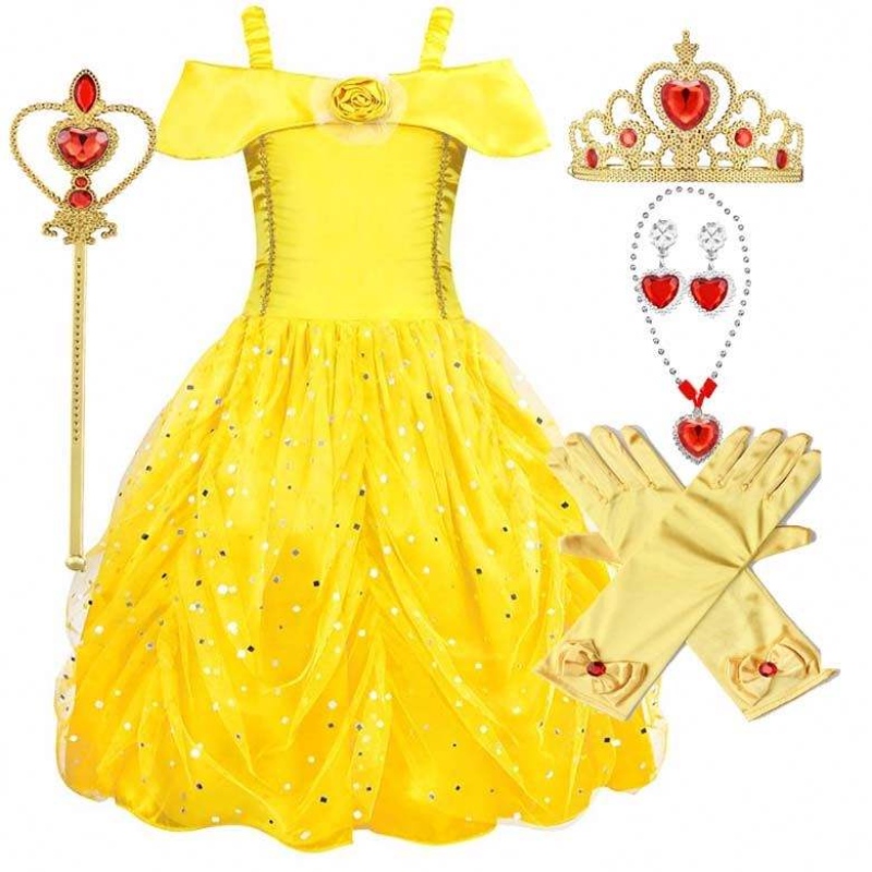 Fancy Halloween Xmas Birthday Party Carnival Yellow Ballgown Princess Dress Up Little Girl Belle Dresses HCBL-007