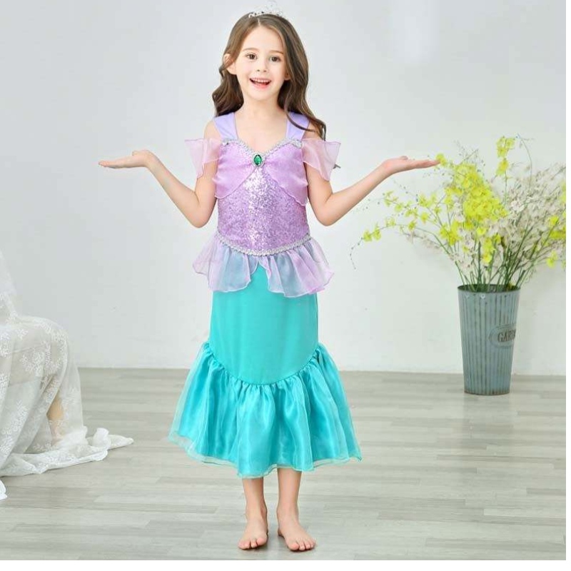 Princess Little Girls paljetter sjöjungfru klänning för flicka 6to7 år med smycken HCMM-006