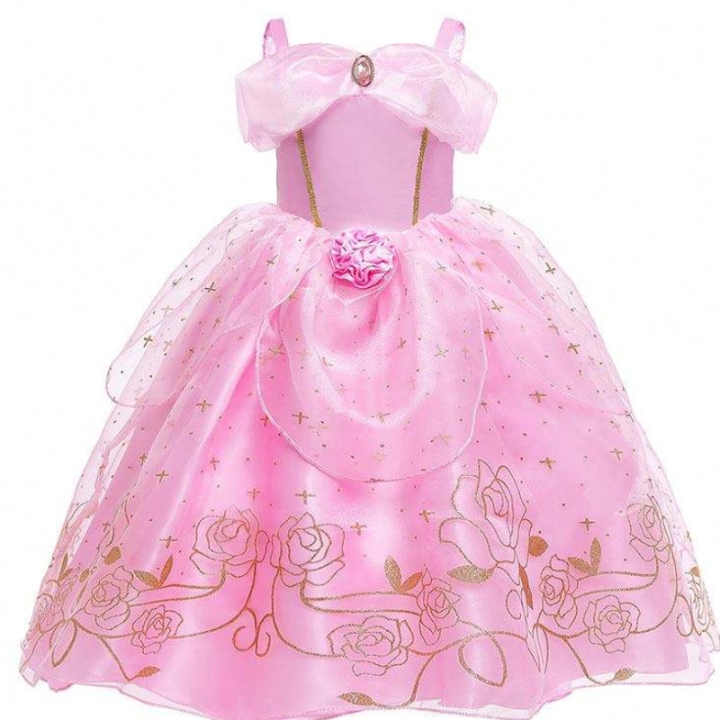 Barn prinsessan klänning flicka sommar fancy party kläder rosa prinsessan aurora kostym HCSP-012