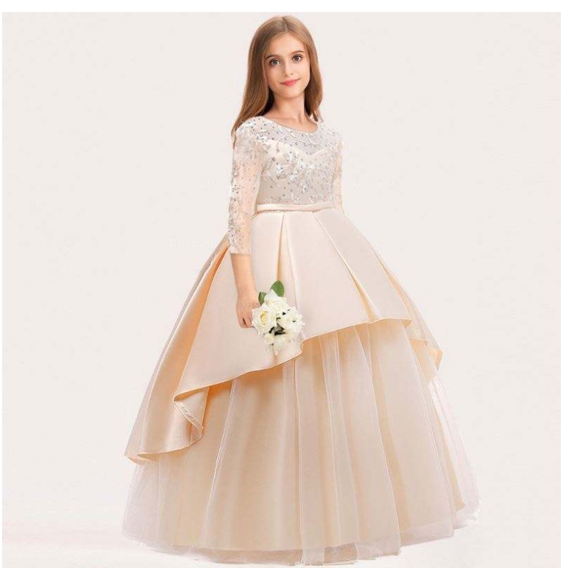 Baige Long Style Children Wedding Ball Glown Girls Frock Design Kids Party Wear Long Frock 9101