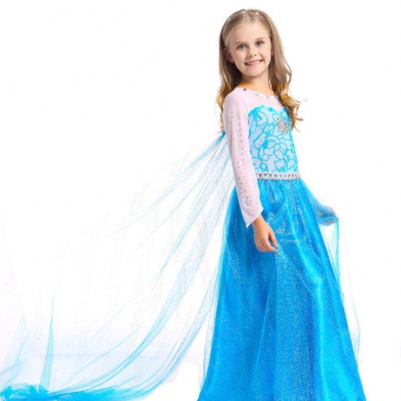 Baige Hot Selling Children's Wear Baby Girls Long Sleeve Maxi Dress Elsa klänning med kappa