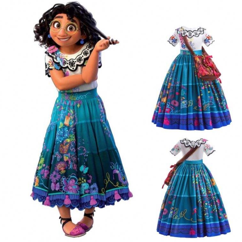2022 Hot Sale Girls Encanto Movie Dress Up Mirabel Costume Baby Barn Summer Long Dress With Bag
