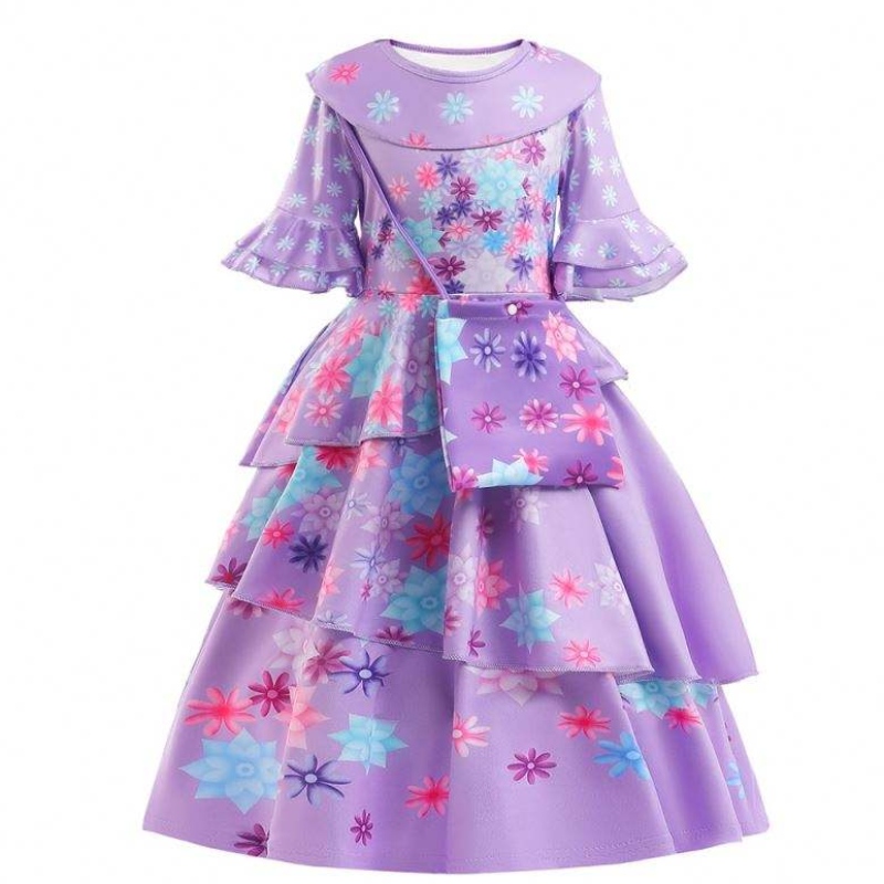 2022 Nya Fashion Kids Encanto Costume Isabella Cosplay Flower Printed Daily Wear Dress for Girl With Bag
