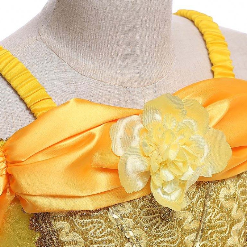 Baigeny design barn kostym flickor klänningnamn med bilder prinsessan belle lång klänning puffy gul klänning smr023