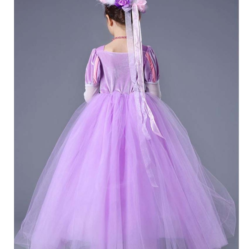 Partihandel av hög kvalitet barn lila rapunzel lång puffy sofia prinsessan klänning för flickor smr020
