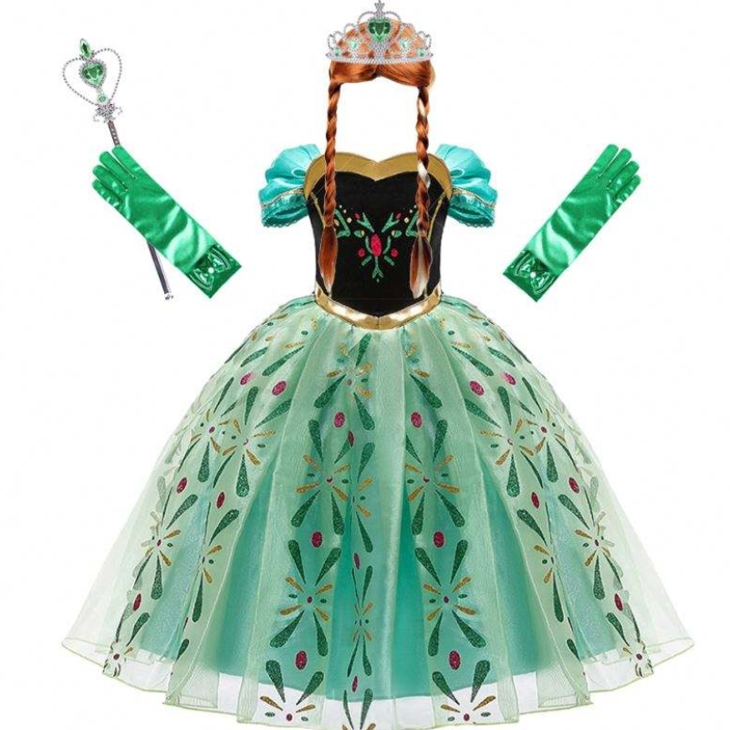 Anna klänning för tjej cosplay snö drottning prinsessan kostym barn halloween kläder barn födelsedag karneval fancy klänning och peruk