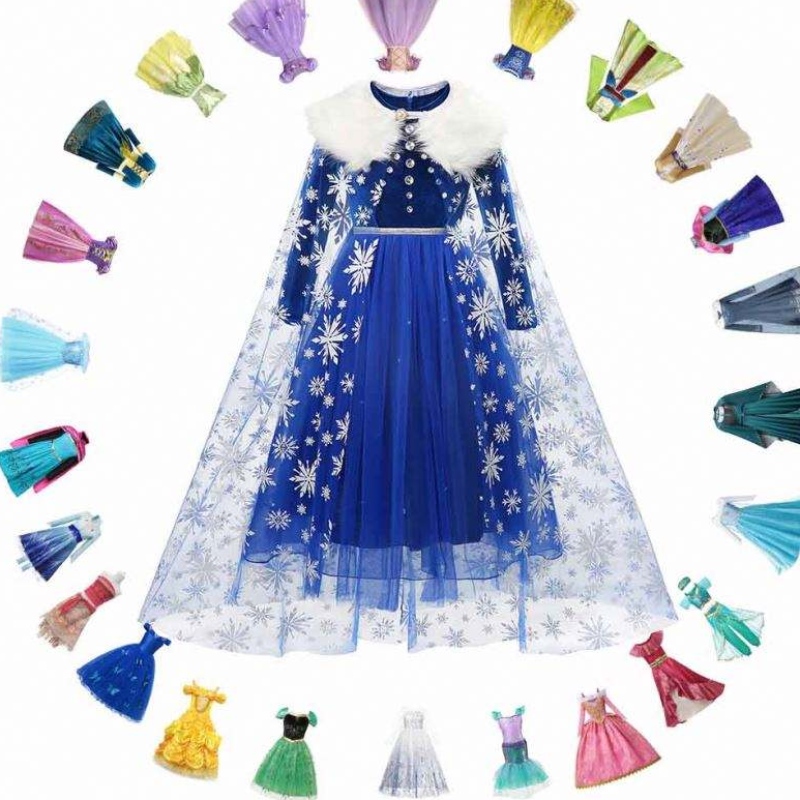 Princess Elsa Winter Dress Girls Long Sleeve Frozen2 Halloween Costume Children Rapunzel Tiana Mulan Cosplay