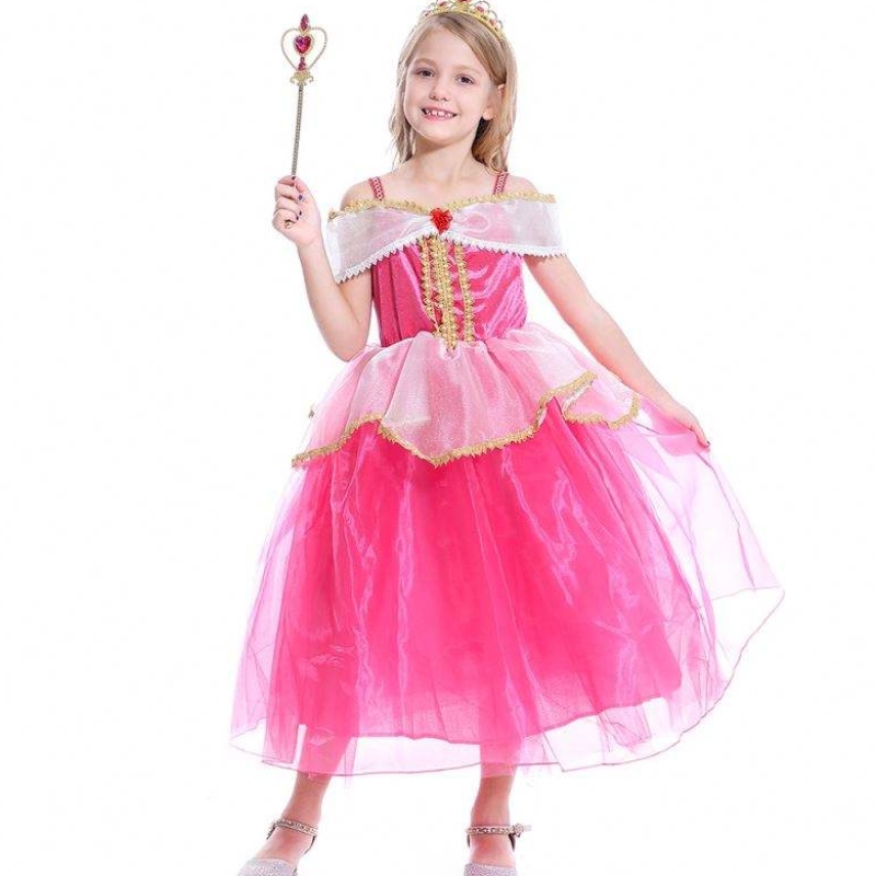 Girls Aurora Princess Dress Långa ärmar från axel spetsar barn helloween/christmas gåva fancy party kläder