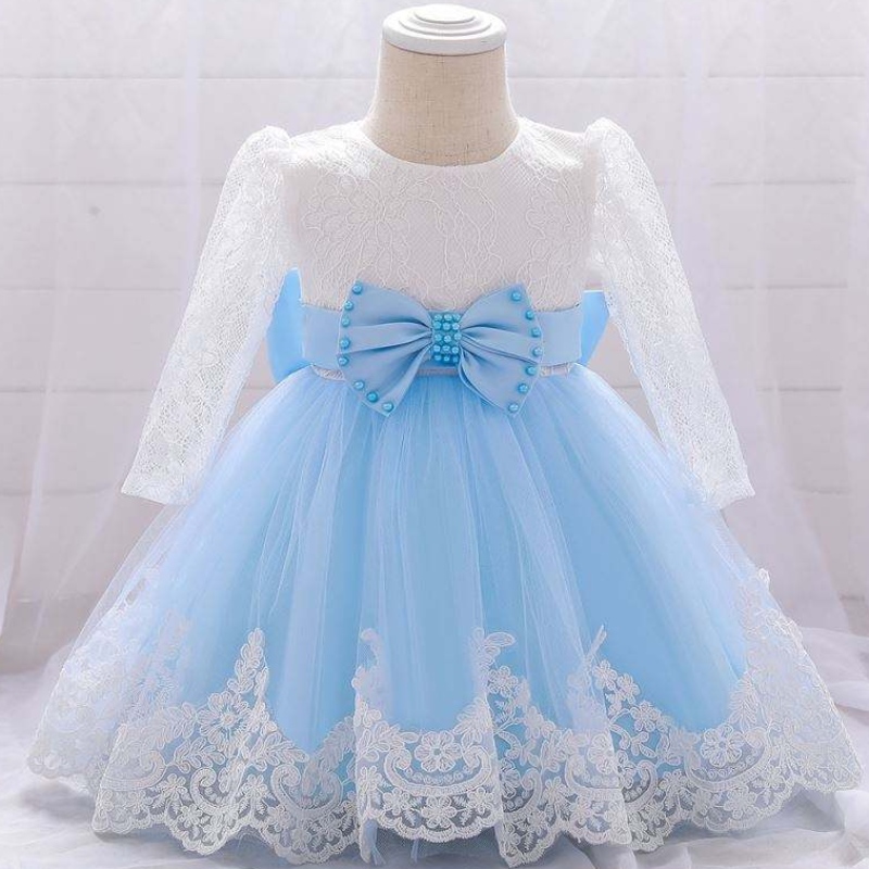 Baige Flower Girl Party Wear Western Baptism Dress spets Nyfödda baby dopklänningar